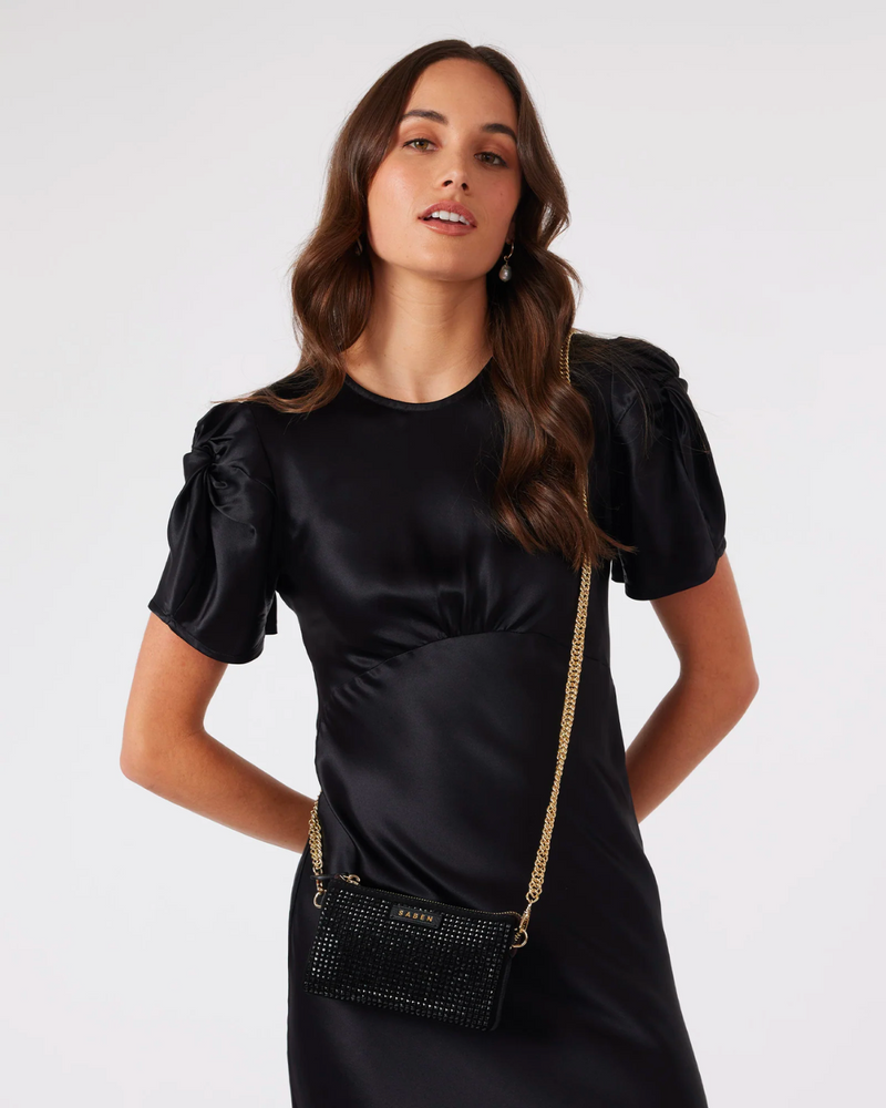 saben lily mini bag black crystal + gold curb chain